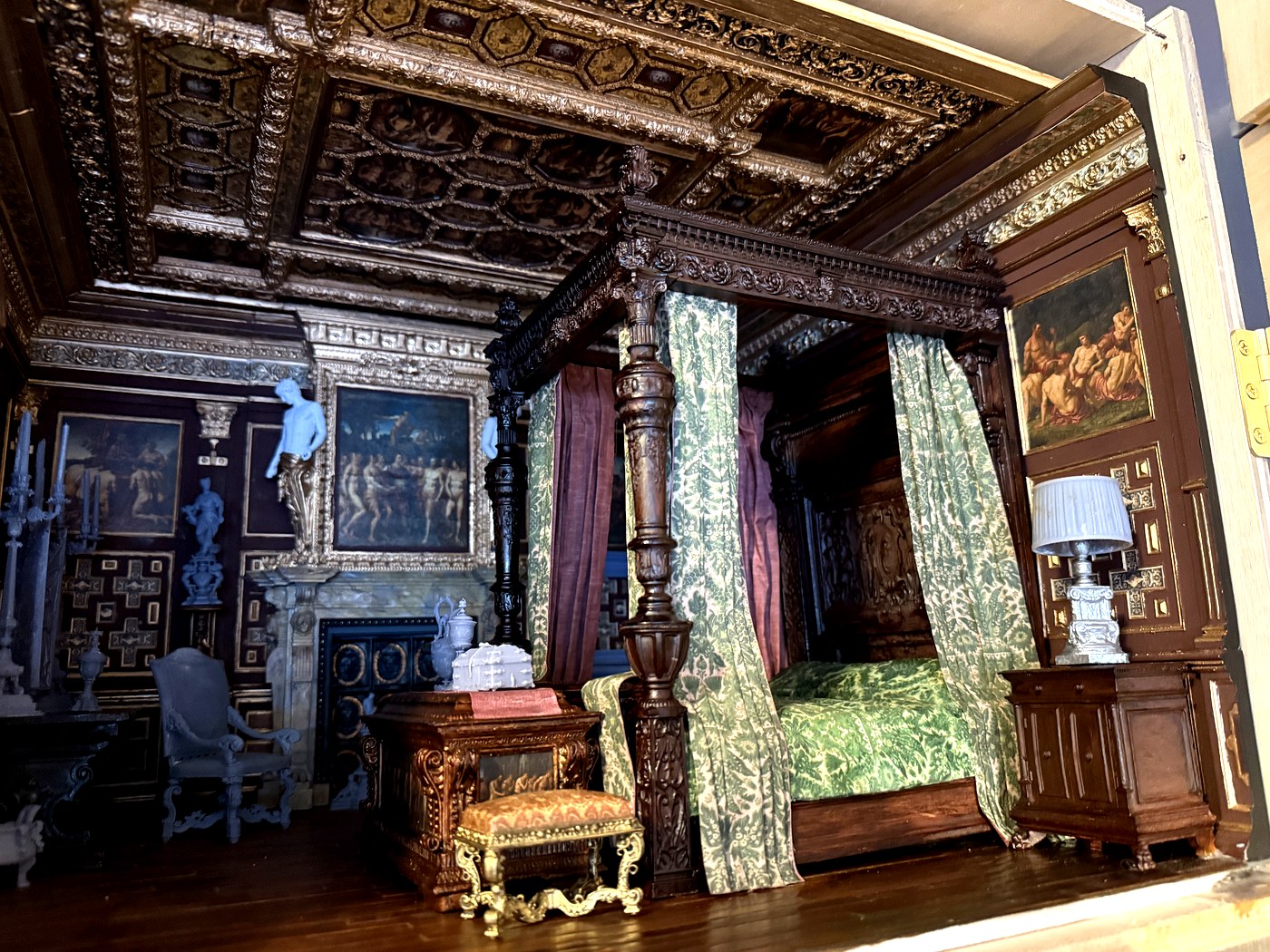 Northern Renaissance bedroom interior with carved ceiling — 1:12 scale miniature architecture