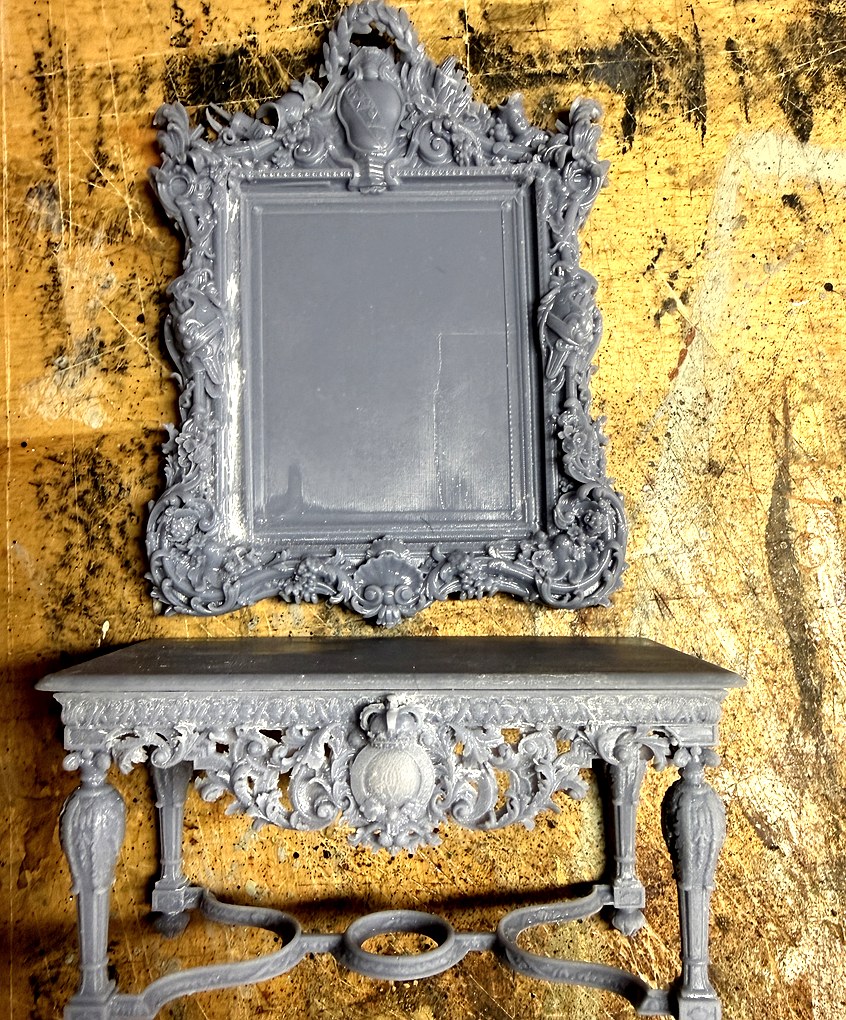 Louis XIV baroque mirror and console suite — 1:12 scale unprimed resin miniature — Northside Modelworks