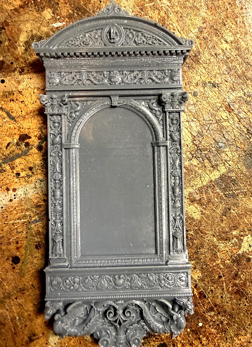 Architectural overdoor mirror surround with shell pediment — 1:12 scale miniature — Northside Modelworks Chantilly Collection