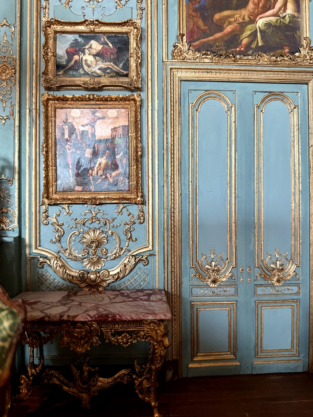 French Rococo blue boiserie wall paneling — 1:12 scale miniature architectural detail